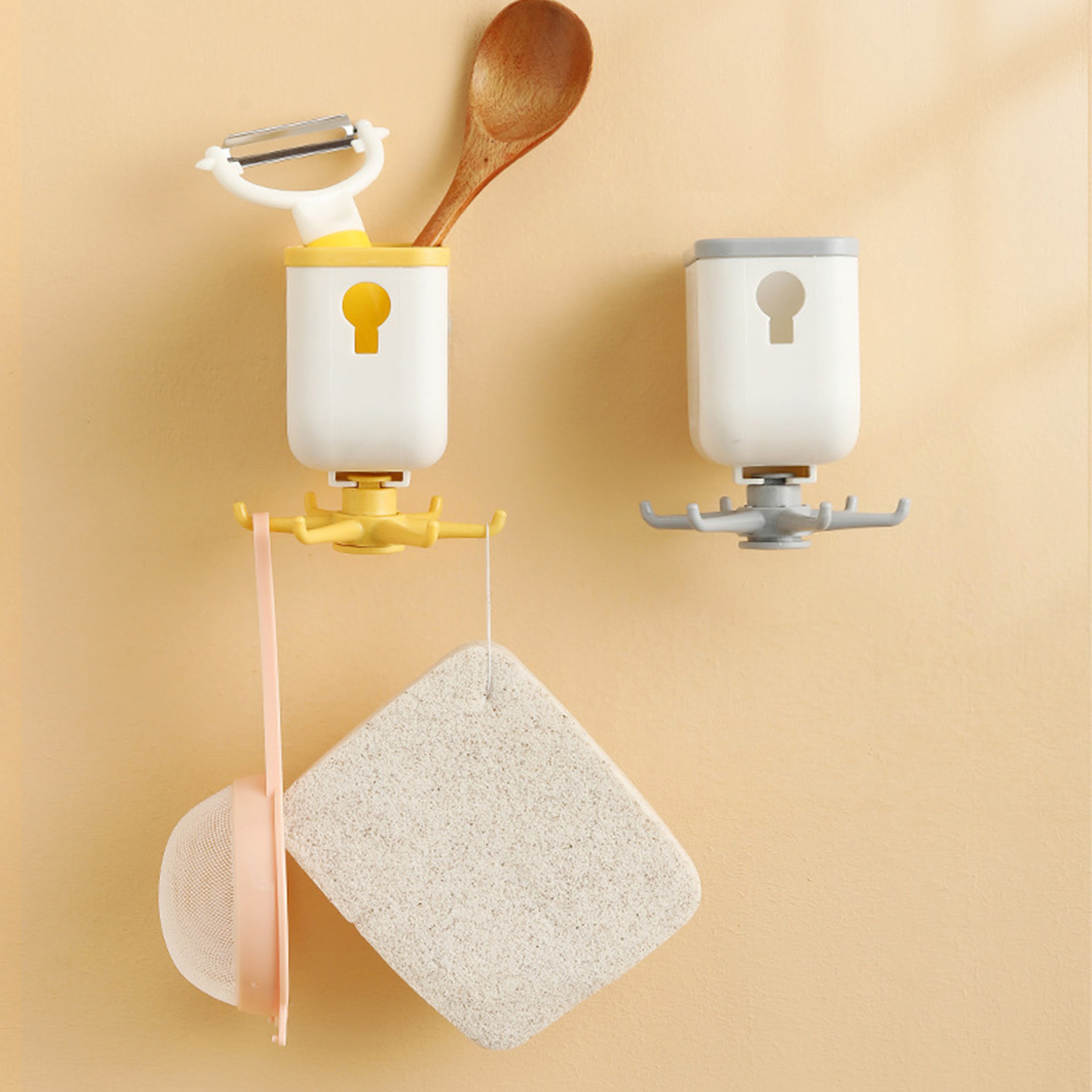 Kitchen Wall Mount Storage Box 360° Rotatable 6 Hook Strong Bearing