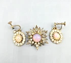 VTG Faux Opal Costume Jewelry Sunburst Brooch Screw Back Earrings w/Rhinestones
