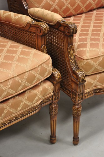 Vintage French Louis XVl Style Carved Walnut Cane Bergere Lounge Chairs - a Pair - Picture 11 of 12