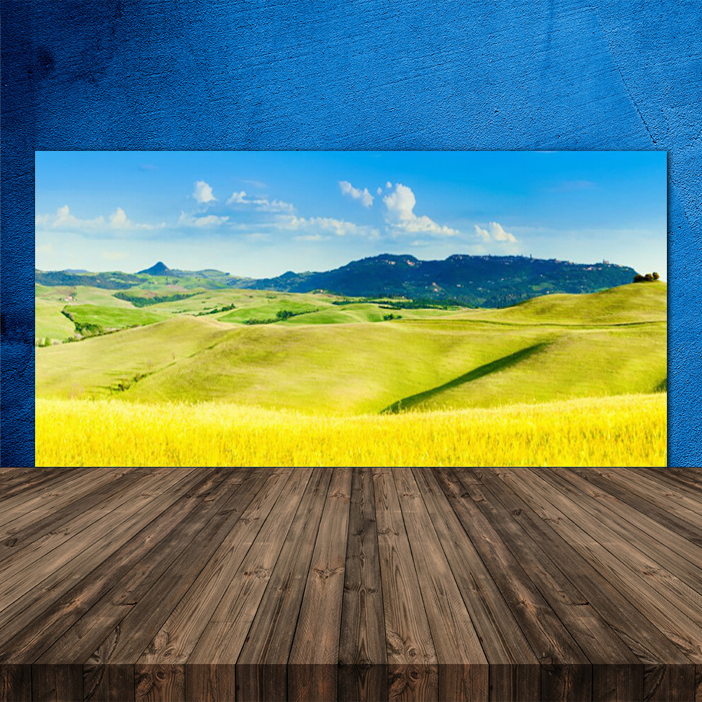 Crédence de cuisine en verre fond de hotte panoramique montagnes et champs 120x60