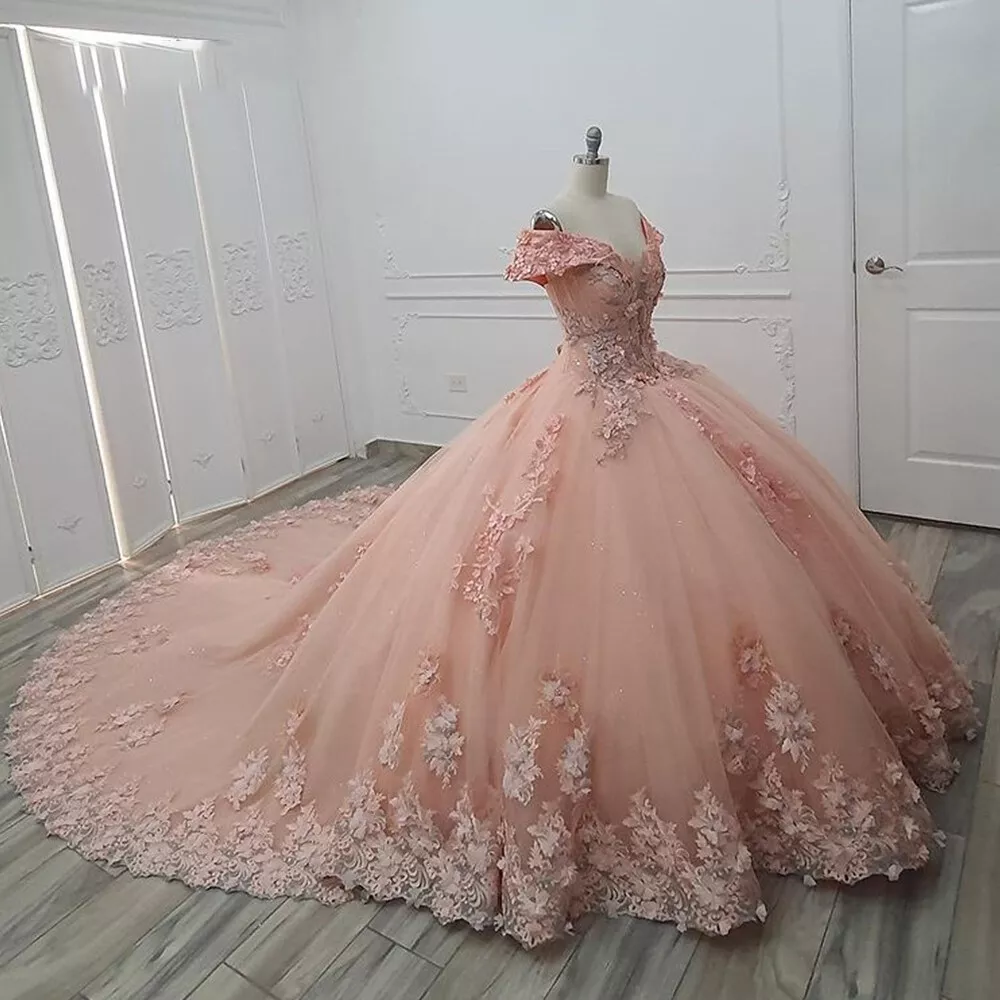 Pink Quinceanera Dresses Ball Gown Beaded Off The Shoulder Floral Sweet 16  Dress