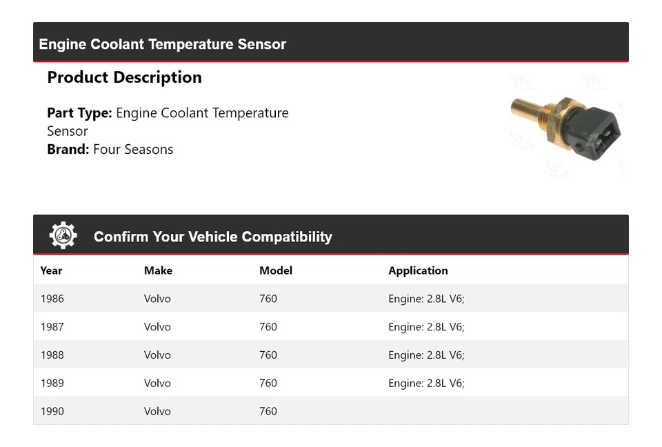 Sensor de temperatura de refrigerante del motor Volvo 760 1986-1990 4 estaciones 1987 1988 Foto 2 de 4