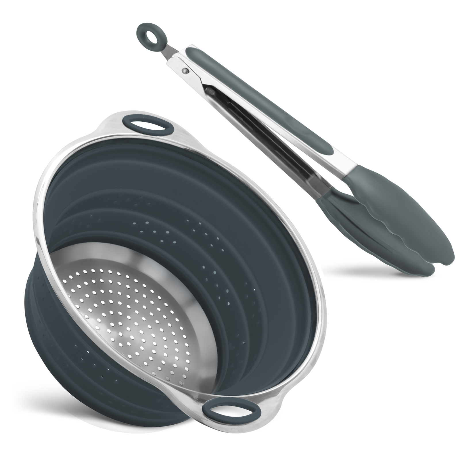 Professionelles Nudelsieb Silikon & Edelstahl + Salatzange 23 cm Grau