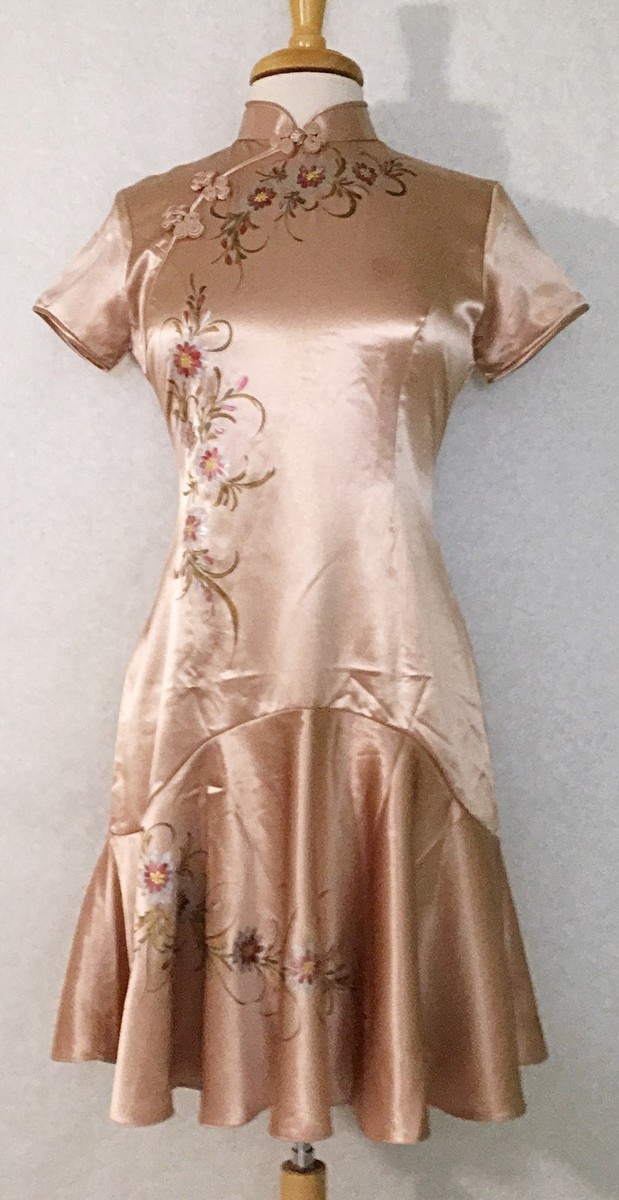 Modified Asian Chinese Cheongsam Qipao Fashion Dress Rose Gold with Hand Painted