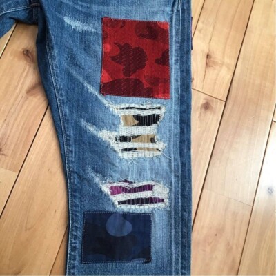 BAPE TYPE-05 MIX CAMO PATCHWORK DAMAGED DENIM PANTS A Bathing Ape