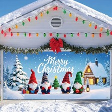 Christmas Garage Door Cover Decoration 13x6ft Gnomes with Snowy Cottage and P...