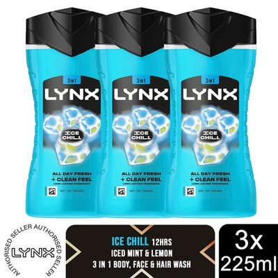 Lynx Ice Chill Duschgel 225 ml 3er Pack 3 in 1 Körperhaar Gesichtswasser Herren
