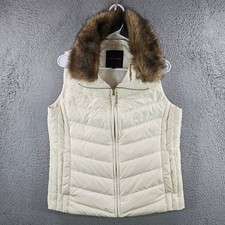 Talbots Womens Cream Down Puffer Vest Faux Fur Collar Ivory Quilted Zip Medium