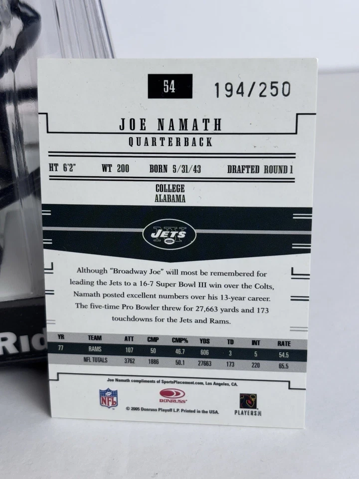 New York Jets QB Speed Mini Casco Riddell & Foil Joe Namath #d/250 Tarjeta Foto 3 de 4