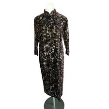 Asian Vietnamese Dress Black Velvet Burnout Cheongsam Ao Dais Maxi NWT