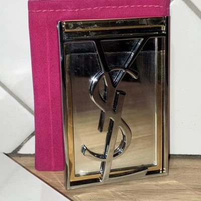 YSL Yves Saint Laurent Travel Mirror Compact, Pink Velvet Pouch Silver Gold Logo