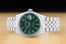 ROLEX DATEJUST 1601 18K WHITE GOLD STEEL GREEN DIAL FOLDED BRACELET WATCH 3