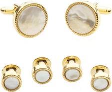 Cuff-Daddy Ribbed Tuxedo Cufflinks  Studs Formal Set Unique Pearl/Gold