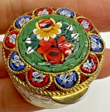 Vtg Millefiori Pill Box Round Gold Tone Etched Trinket Floral Multi Color Hinged