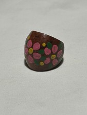 Handcrafted Wooden Ring with Painted Flowers Boho Hippie Fashion Size 8.5