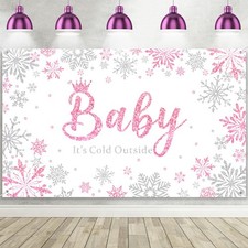 Tegeme Baby It's Cold Outside Backdrop Pink Snowflakes Girls Shower Banner