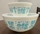 Set of 2 VTG Pyrex Mixing Bowls Butterprint Amish 403/401 Turquoise Blue White