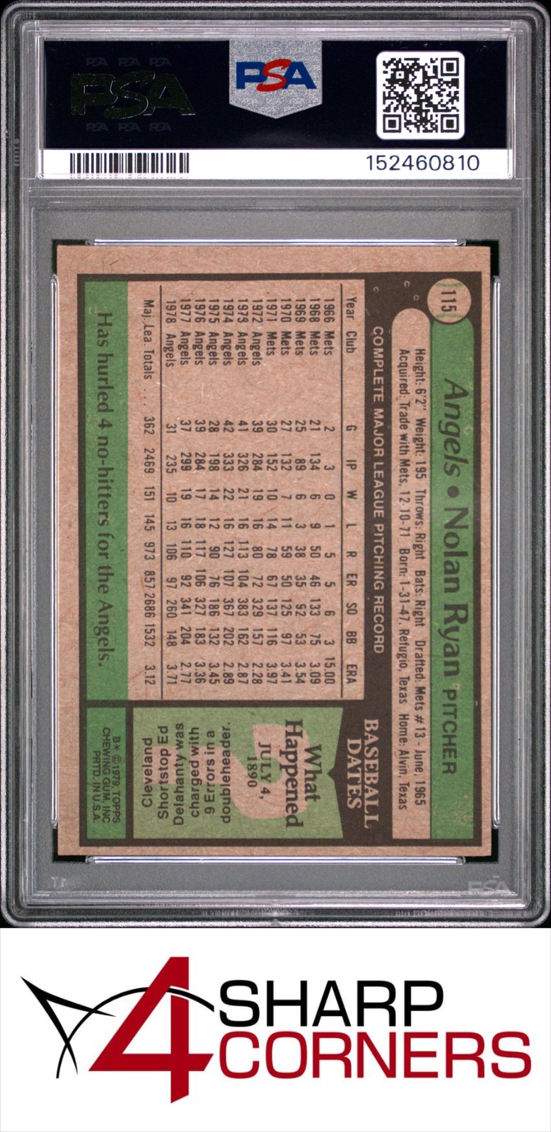 1979 TOPPS #115 NOLAN RYAN ANGELS HOF PSA 6 view 2