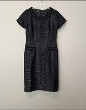 Talbots Dress Womens 4 Black Metallic Short Sleeve Sheath Beaded Tweed Pockets