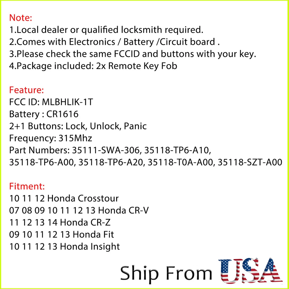 2 para Honda Insight Fit CRZ Crosstour 2010 2011 2012 2013 mando a distancia sin llave Foto 2 de 4