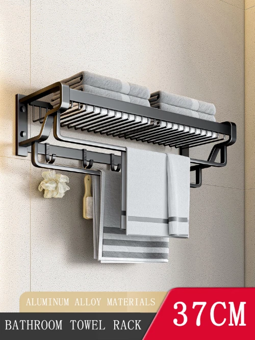 Towel Rack 37-57CM with Hook Accessories Wall Mount Rail Hanger Aluminum Shelf - Image 3 of 4