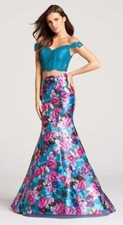 Ellie Wilde Mon Cheri Teal Beaded Top Printed Ball Gown Skirt Set Size 2 450
