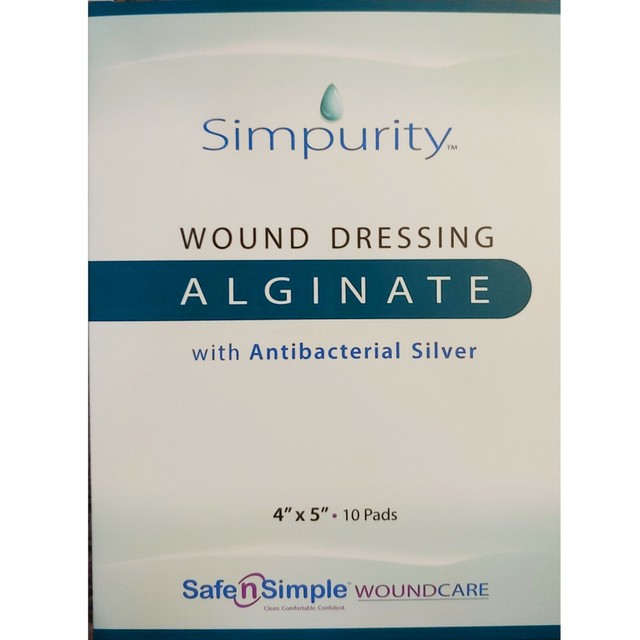 Simpurity Wound Dressing Alginate w/ Antibacterial Silver 4" x 5" 1 Box