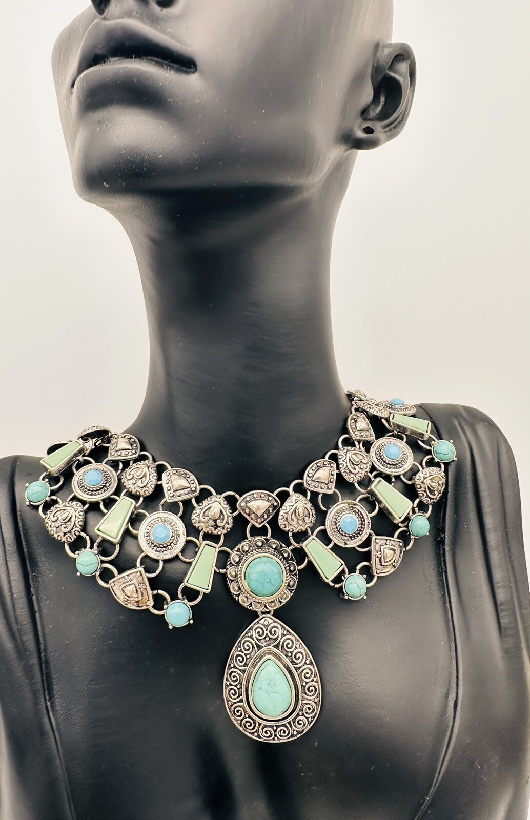 Faux Oval Turquoise Silver Statement Necklace Col… - image 2