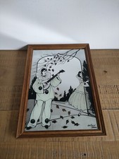 Ancien Miroir Pierrot Jouant À La Mandoline signé Michel Raynaud - Vintage Rare