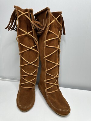 Knee High Fringe Moccasin Boots SUEDE FRINGE BOOTS By MINNETONKA