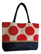 Mud Pie Polka Dot Tote Canvas Bag Orange Navy Large 18in Carry All