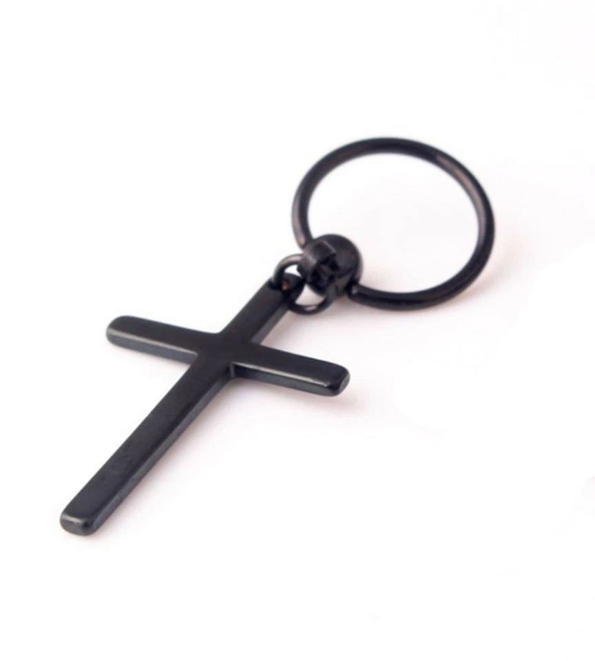 1x Mans Womens Gothic Titanium plated Cross Earring piercing Dangle Hoop - Image 3 of 3