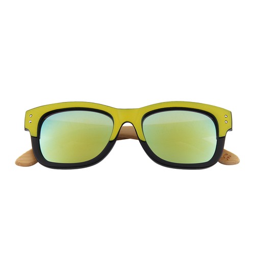 RICH&RARE (RR44)Sunglasses Black/Yellow Wood Bamboo frame W/Gold mirror Lens - Picture 4 of 8