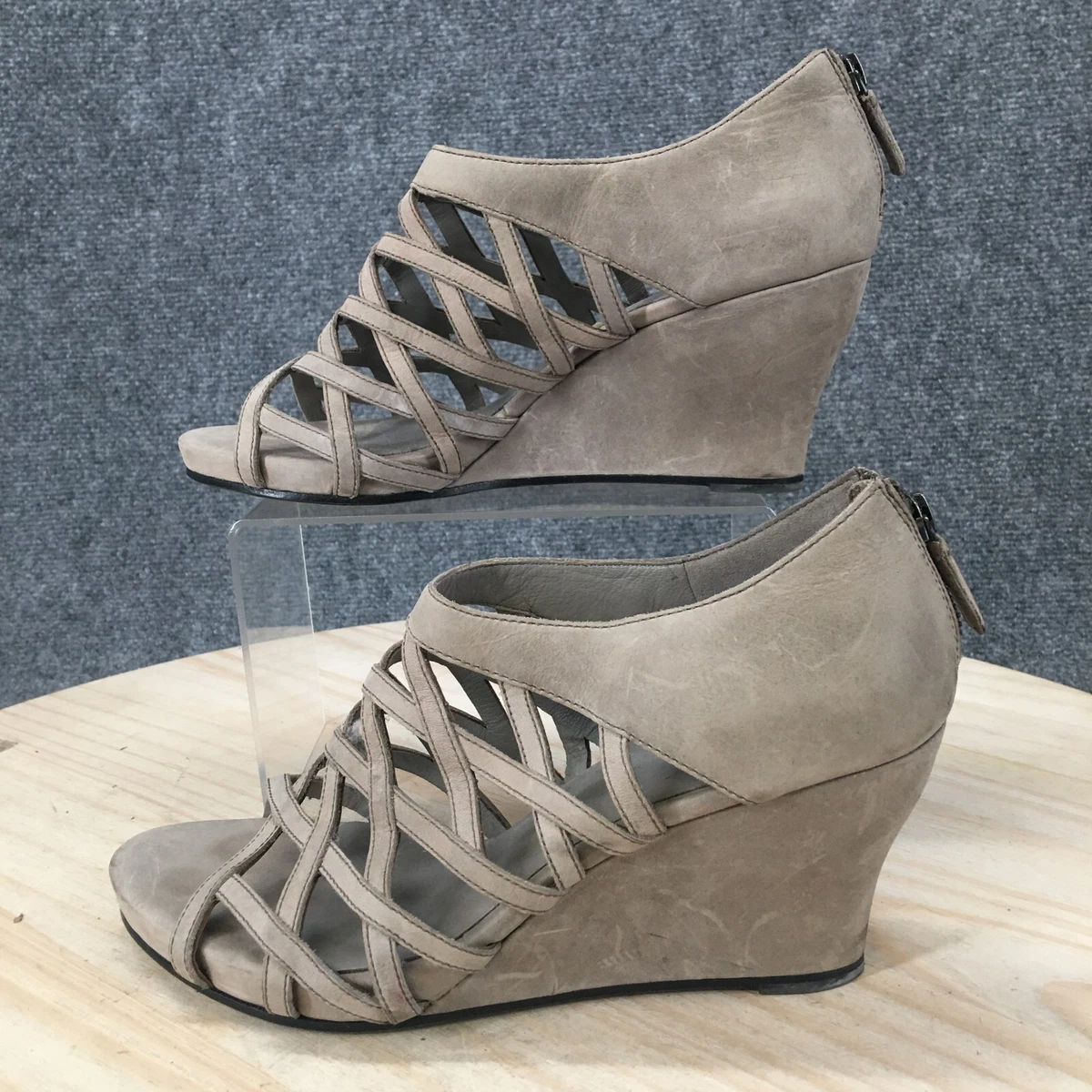 Eileen Fisher Sandals Womens 9 Cage Lattice Wedge Heels Ankle Strappy Beige Zip