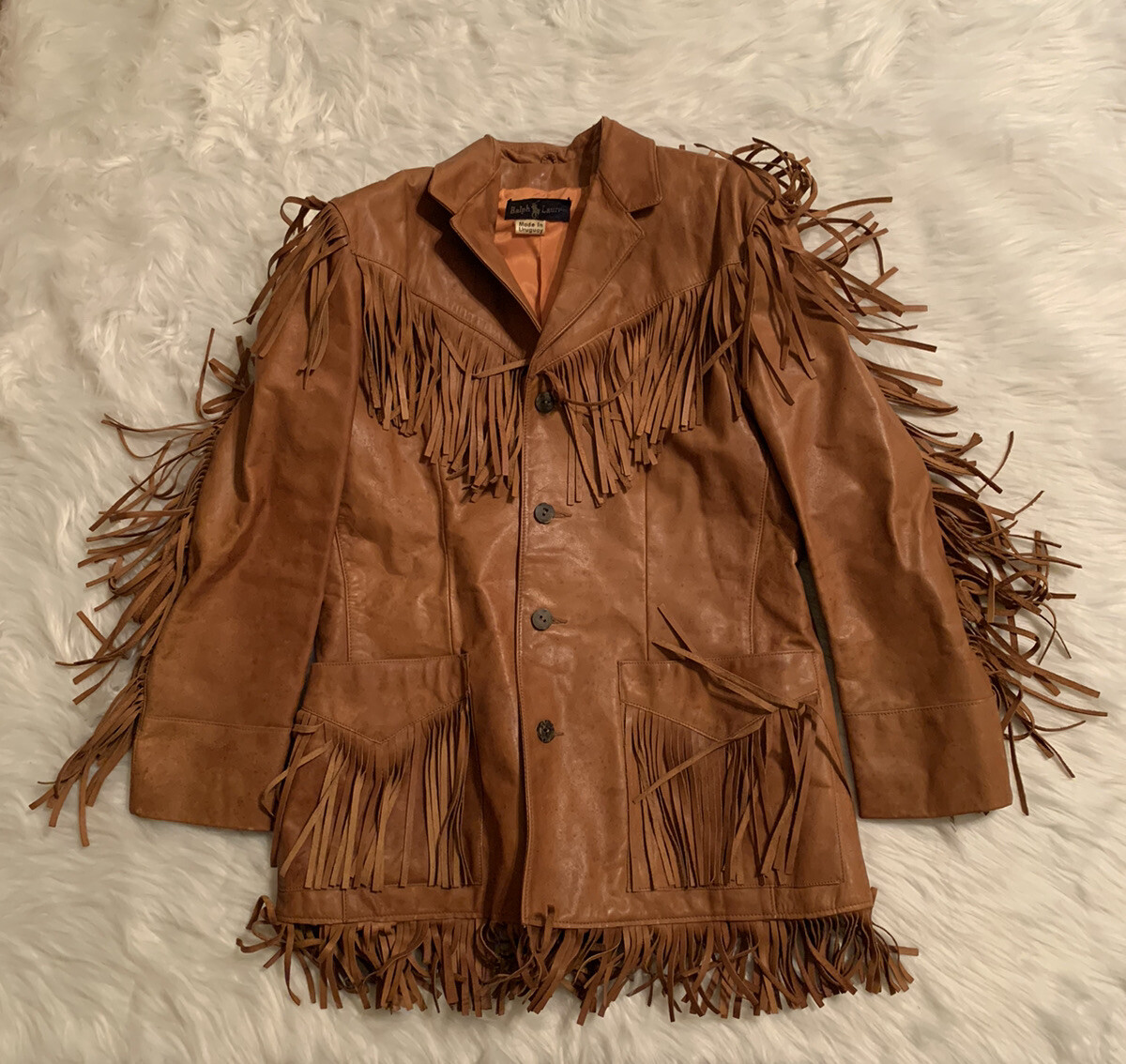 Ralph Lauren Fringe Leather Jacket Vtg Brown Size 14 Gem