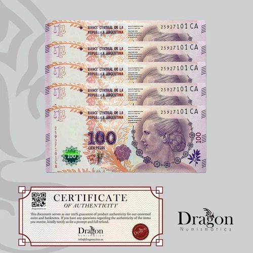 Argentina 100 Pesos Nd 2012 (2016) UNC 5 Pcs LOT Comm EVA P-358c Suffix CA 🐉
