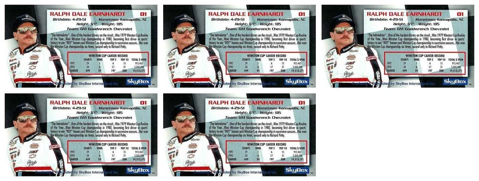 (5) Lote de tarjetas coleccionables 1994 SkyBox Racing #1 Dale Earnhardt 4 1/2" x 2 1/2" Foto 2 de 2