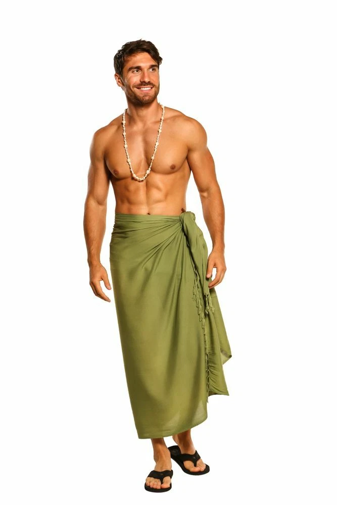 1 World Sarongs Mens Green Olive Solid Color Sarong -LavaLava - Toga