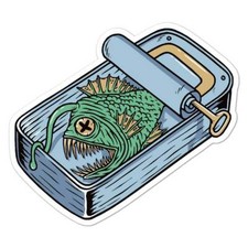Angler Fish Sardine Can, Vinyl Decal Sticker, Indoor Outdoor, 3 Sizes, #8060