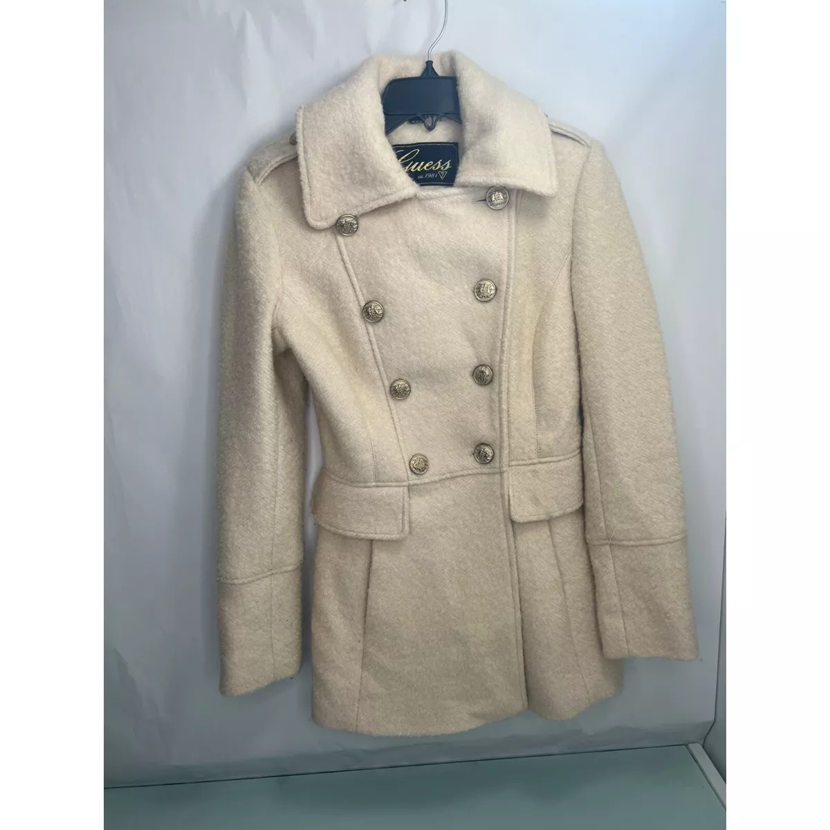 Vintage Guess Womens Pea Coat Double Breasted Cream Beige Wool Blend Jacket XS eBay
