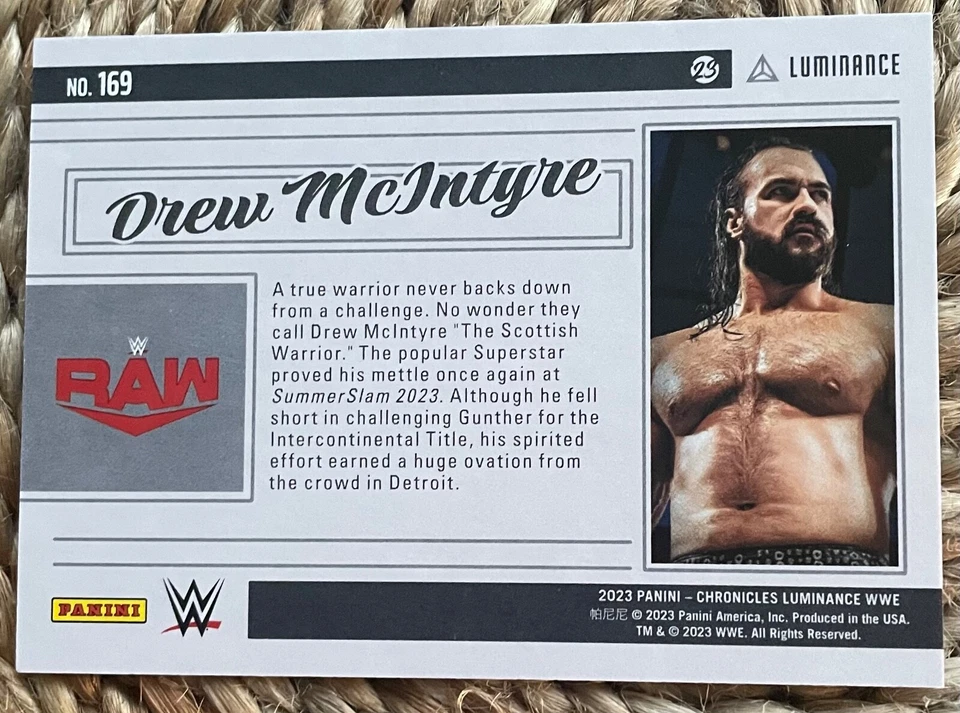 2023 PANINI-CHRONICLES LUMINANCE WWE DREW MCINTYRE PARALLEL #169 PURPLE /49 - Image 2 of 2