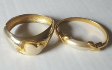 VINTAGE Enamel CUFF BANGLE BRACELET Beige HINGED Gold Tone Round 2 Pcs