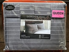 6-pc London Fog QUEEN SIZE Plaid Sheet Set GRAY w/WHITE PINSTRIPES 2 XTRA PC's