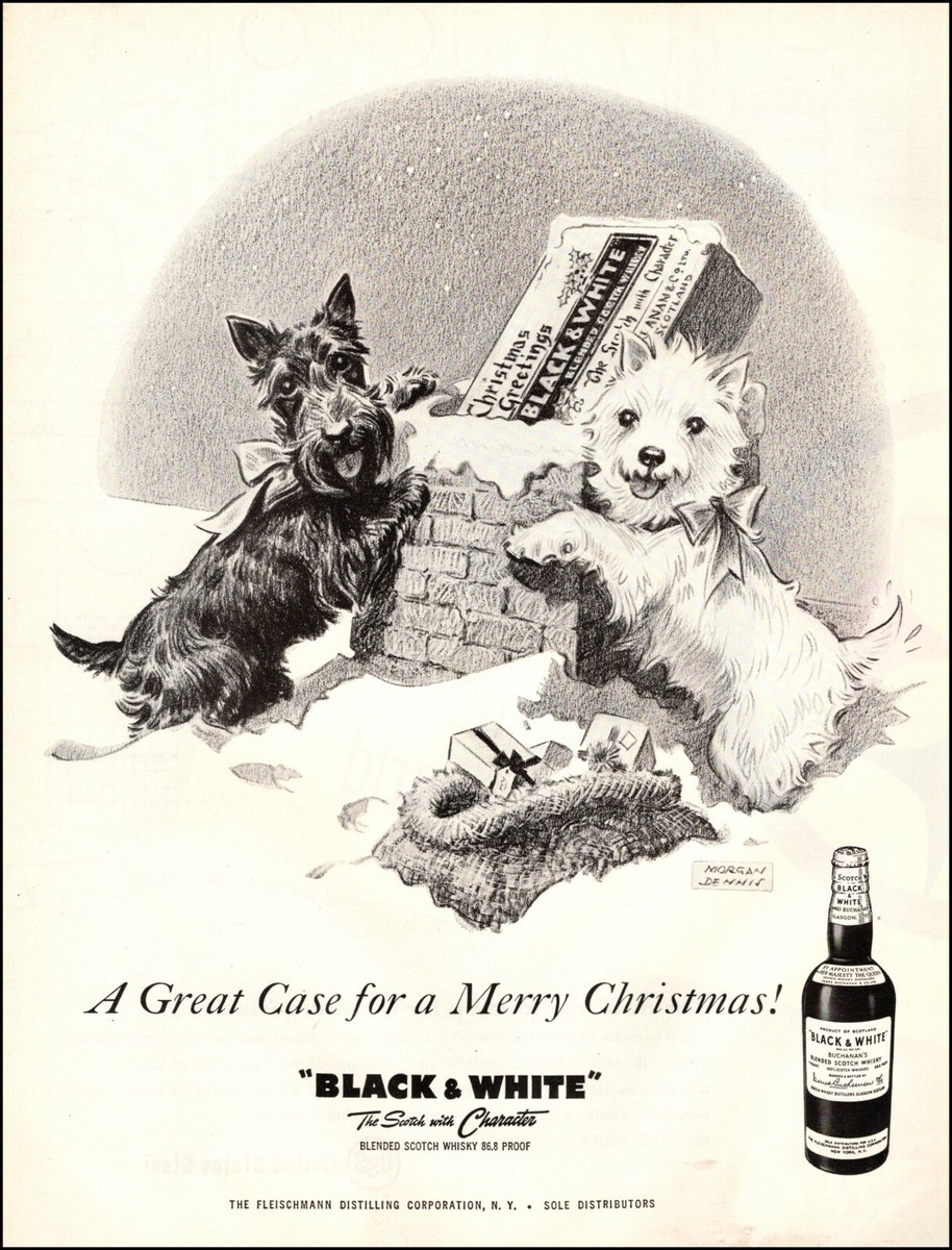 額装済/BLACK & WHITE SCOTCH/アート/ポスター/インテリア 1947Christmas AD for BLACK & WHITE Scotch Whiskey art Scotties