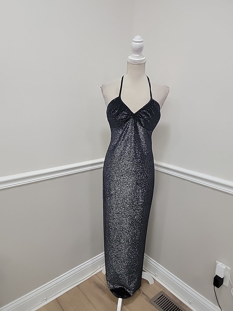 Vintage 90s Y2K Jump Apparel Maxi Dress Gown Glitter Black/Silver