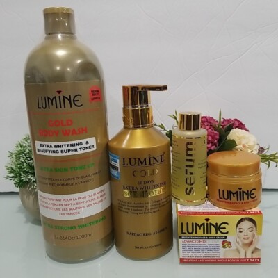 4pcs LUMINE Gold Body Wash + Lotion 400ml + Serum + Face Cream 