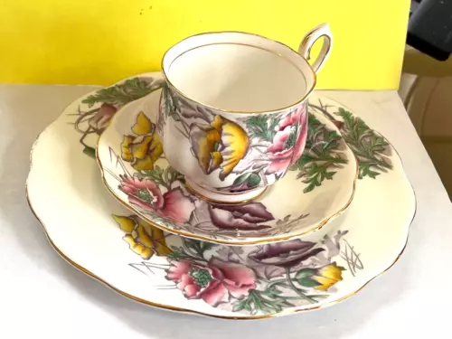 Vintage ROYAL ALBERT Flower of the Month POPPY 3 Pc. TRIO Cup & Saucer  &  Plate