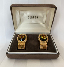 Vintage Swank Gold Tone Mesh Cuff Links with Golden Brown Topaz Crystal Stone.