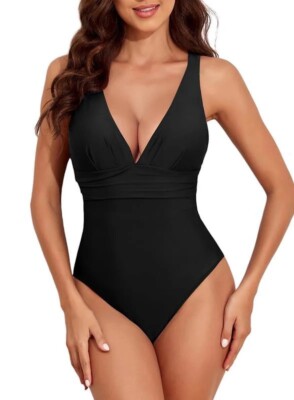 Swimming Costume Black One Piece Women Swimsuit Beach Pool Tummy Control - XL