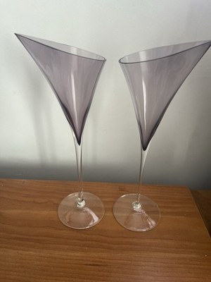Pair of Bombay Company Purple Lily Art Glass Champagne Flutes Glasses Poland 